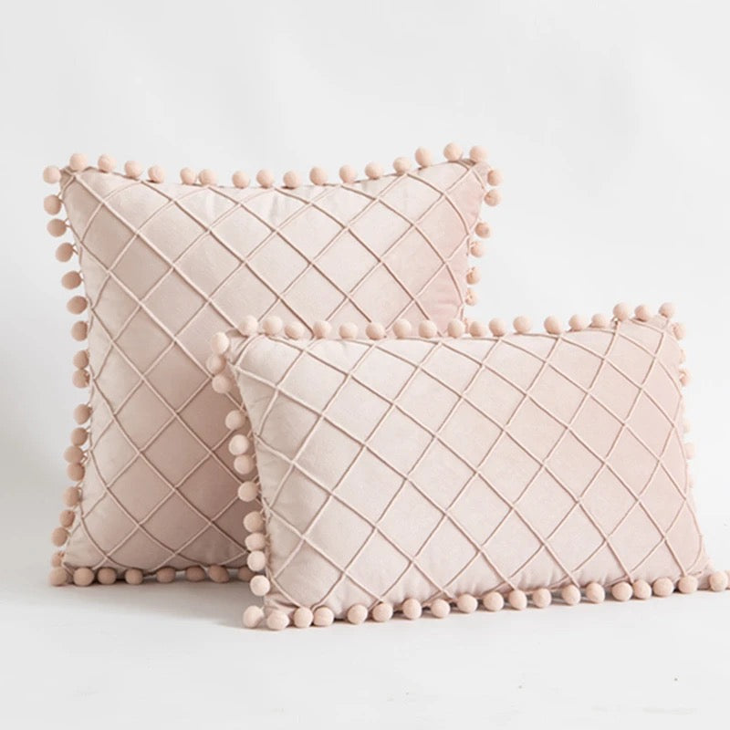 Velvet Waist Throw Pillow with Pompom Solid Color Decorative Cushio Pillow