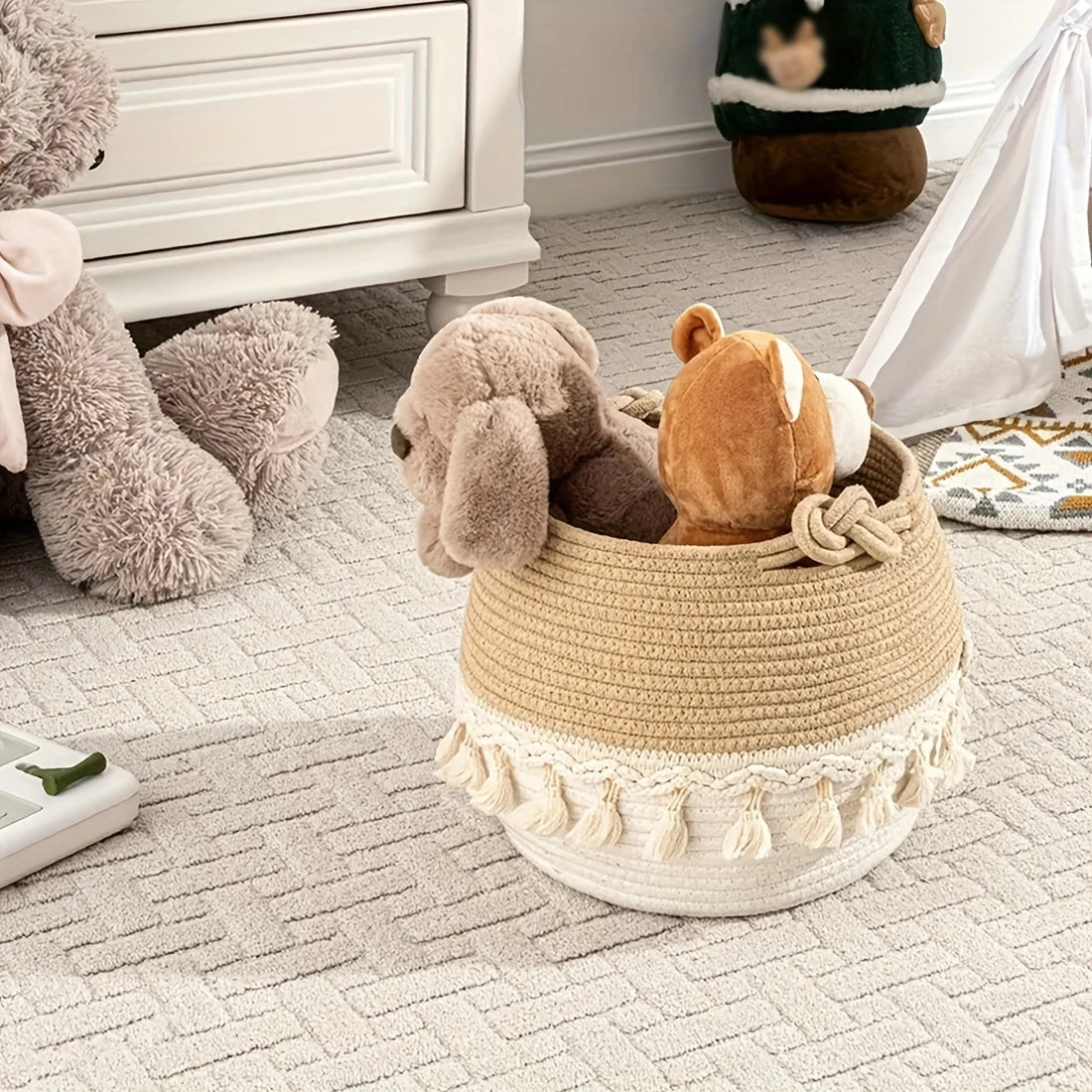 Multiuse Opened Top Shelf Basket with Handles - Boho Fabric Storage Basket with Tassels - Soft Touch Texture for Home Organization, Perfect for Bedroom, Living Room, Bathroom, Dorm, Office