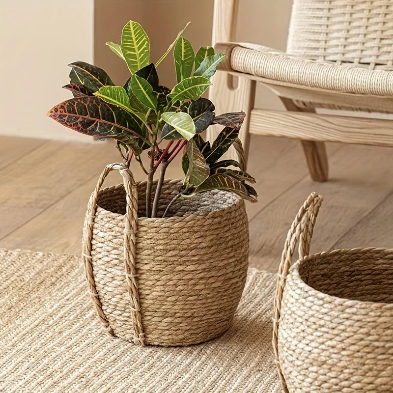 Large Round Durable Handwoven Seagrass Planter - Boho Chic Flower Basket