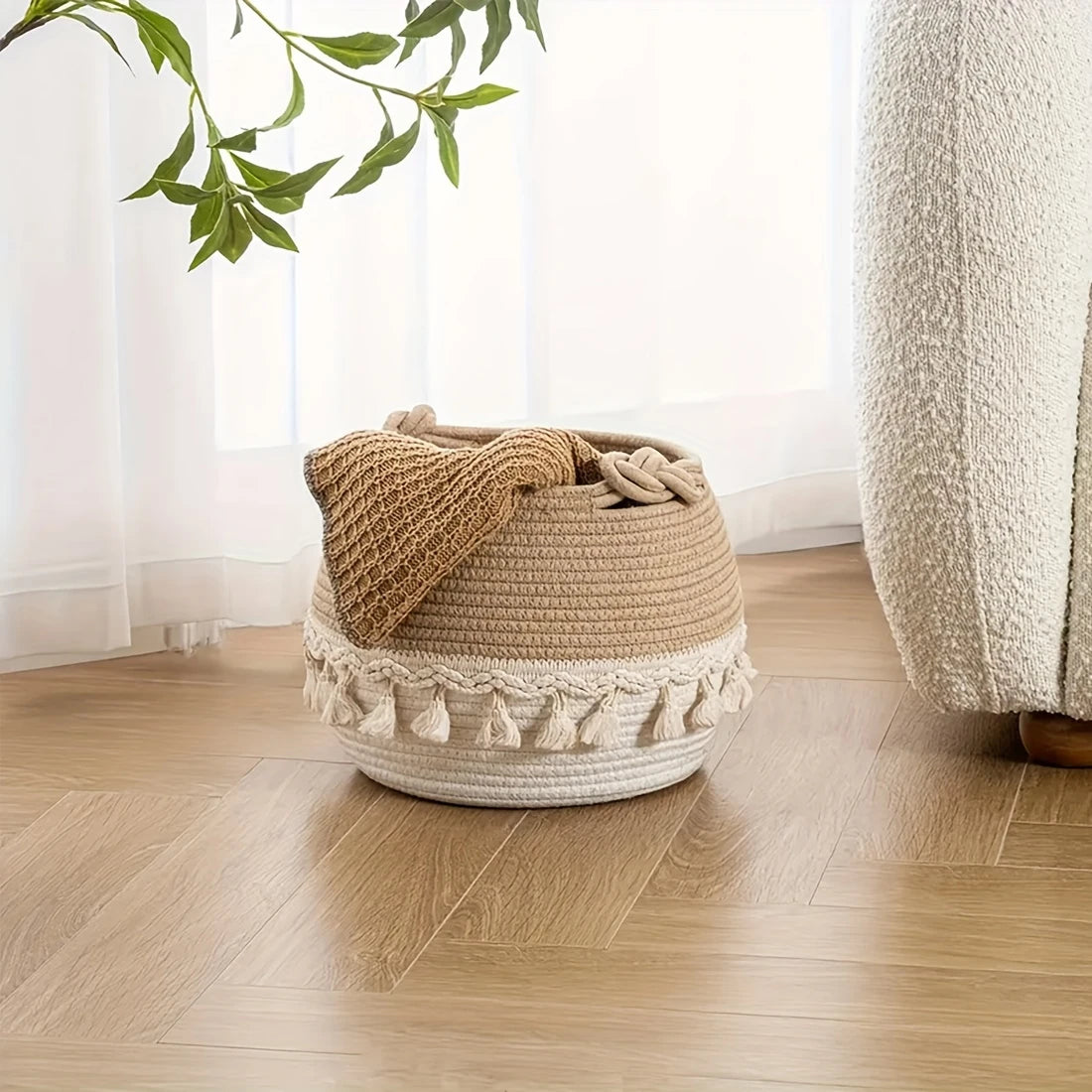 Multiuse Opened Top Shelf Basket with Handles - Boho Fabric Storage Basket with Tassels - Soft Touch Texture for Home Organization, Perfect for Bedroom, Living Room, Bathroom, Dorm, Office