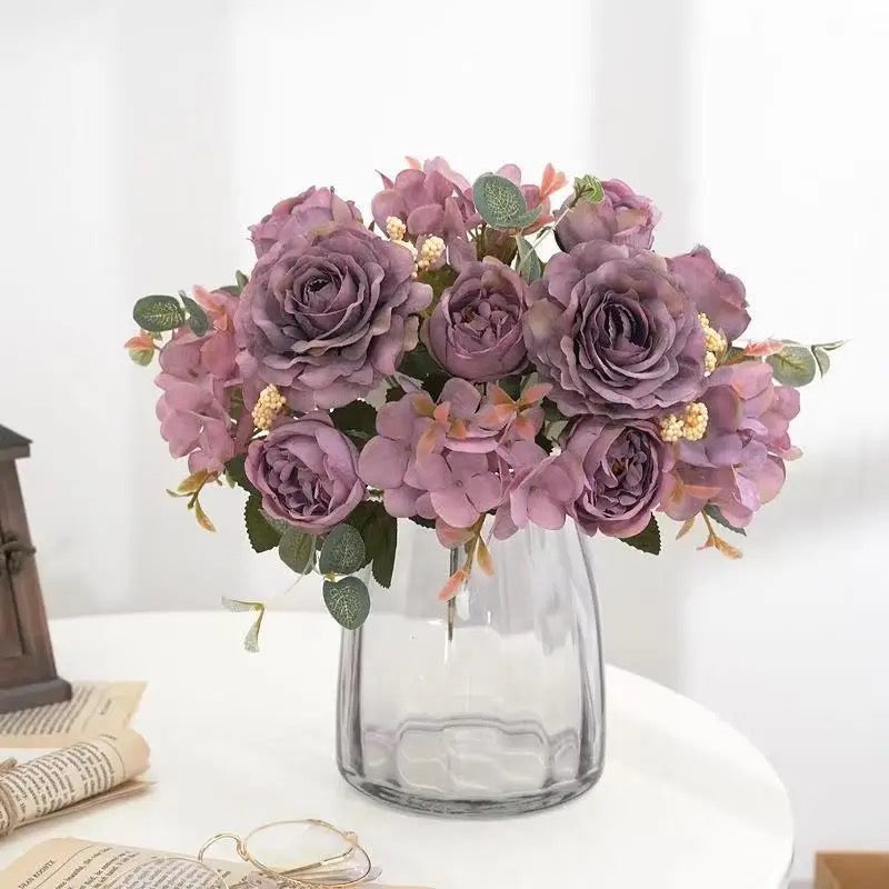 Retro Silk Rose Bouquet Hydrangea Peony Vintage Bride Holding Fake Plants