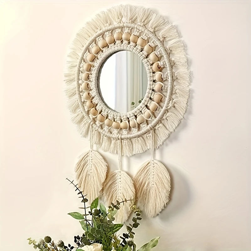 Bohemian Handmade Wall Mirrors with Wooden Beads & Leaf Tassels – Oval Glass Decorative Mirrors