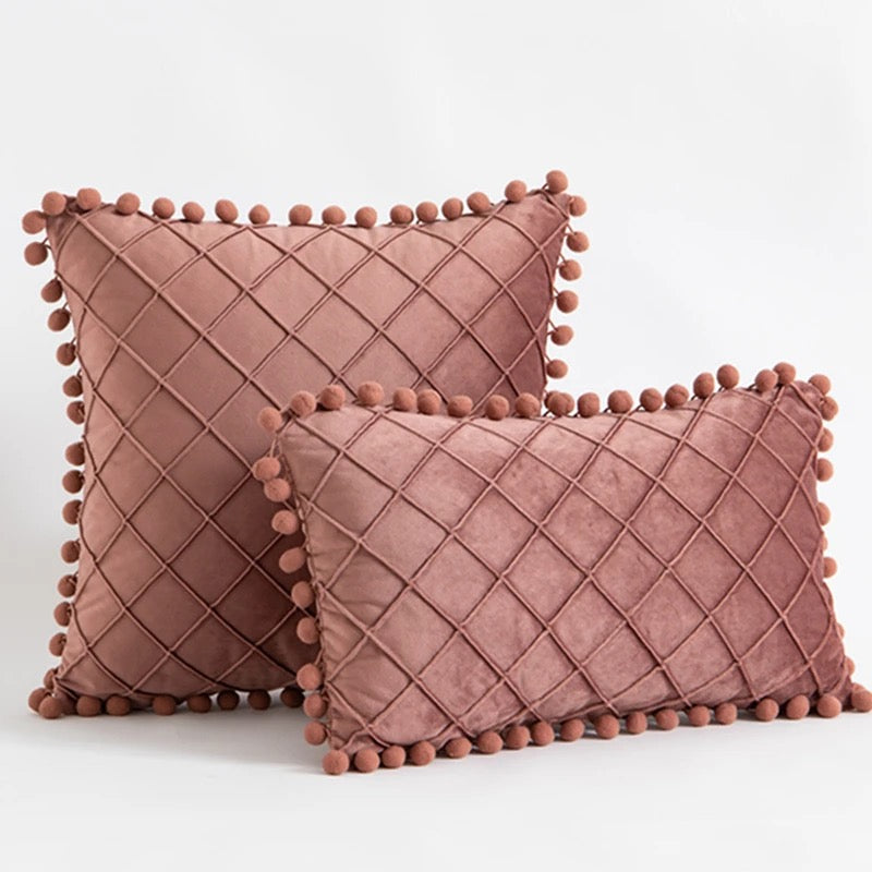 Velvet Waist Throw Pillow with Pompom Solid Color Decorative Cushio Pillow