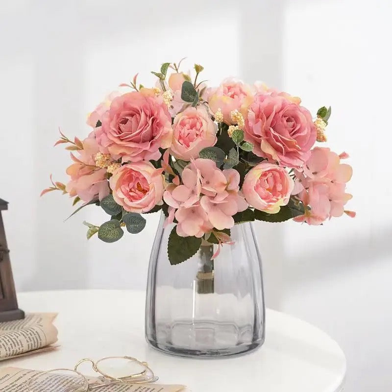 Retro Silk Rose Bouquet Hydrangea Peony Vintage Bride Holding Fake Plants