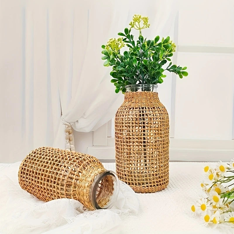 Bohemian Glass Vase with Rattan Lid for Farmhouse Round Decorative Vase