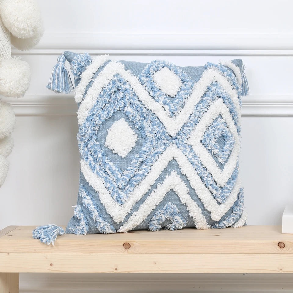 1Pc Blue Geometric Pattern Tufted Throw Pillow Covers,