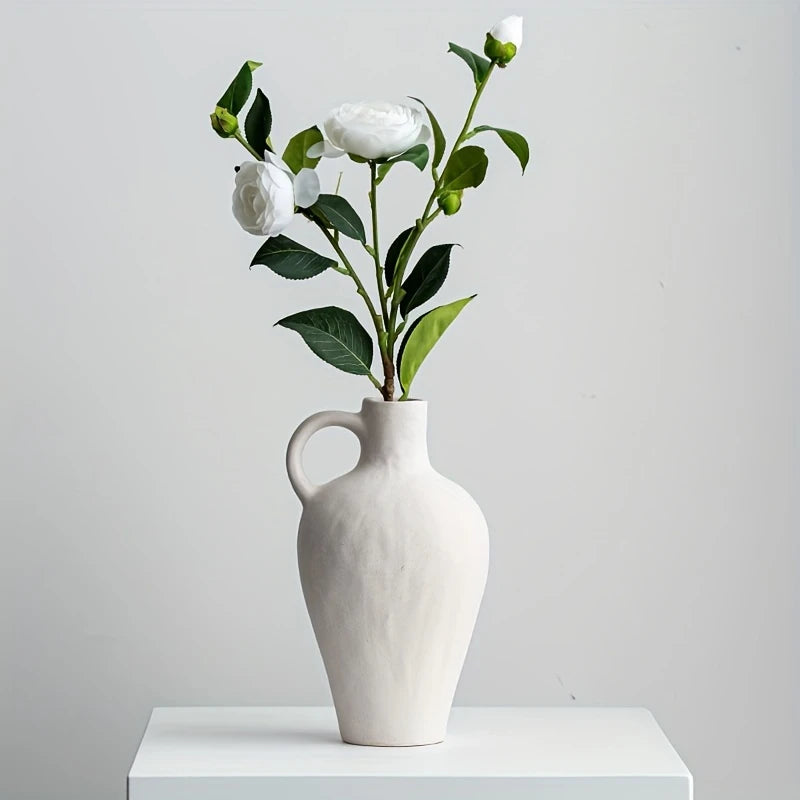 Nature-Inspired, Bohemian Ceramic Vase with Handle - Rustic Farmhouse Decor for Minimalist White Home Accent