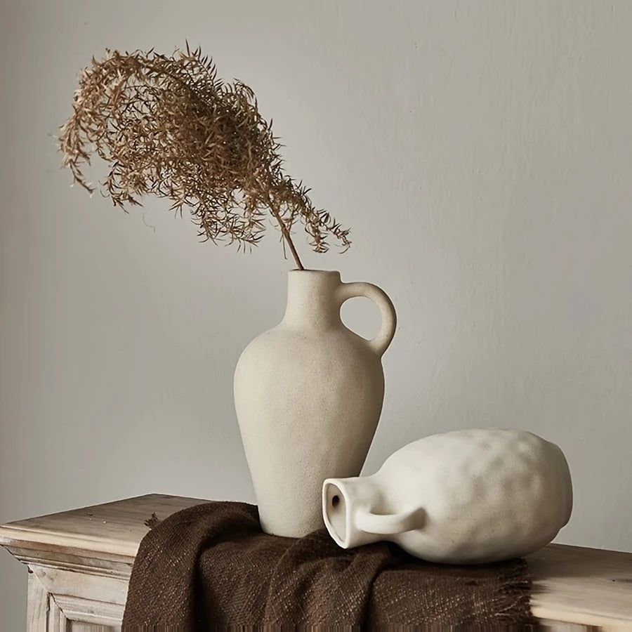 Nature-Inspired, Bohemian Ceramic Vase with Handle - Rustic Farmhouse Decor for Minimalist White Home Accent