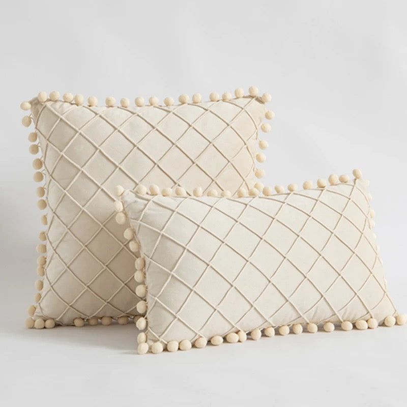 Velvet Waist Throw Pillow with Pompom Solid Color Decorative Cushio Pillow