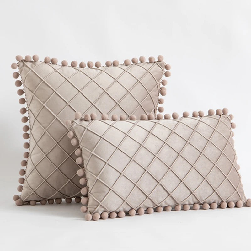 Velvet Waist Throw Pillow with Pompom Solid Color Decorative Cushio Pillow