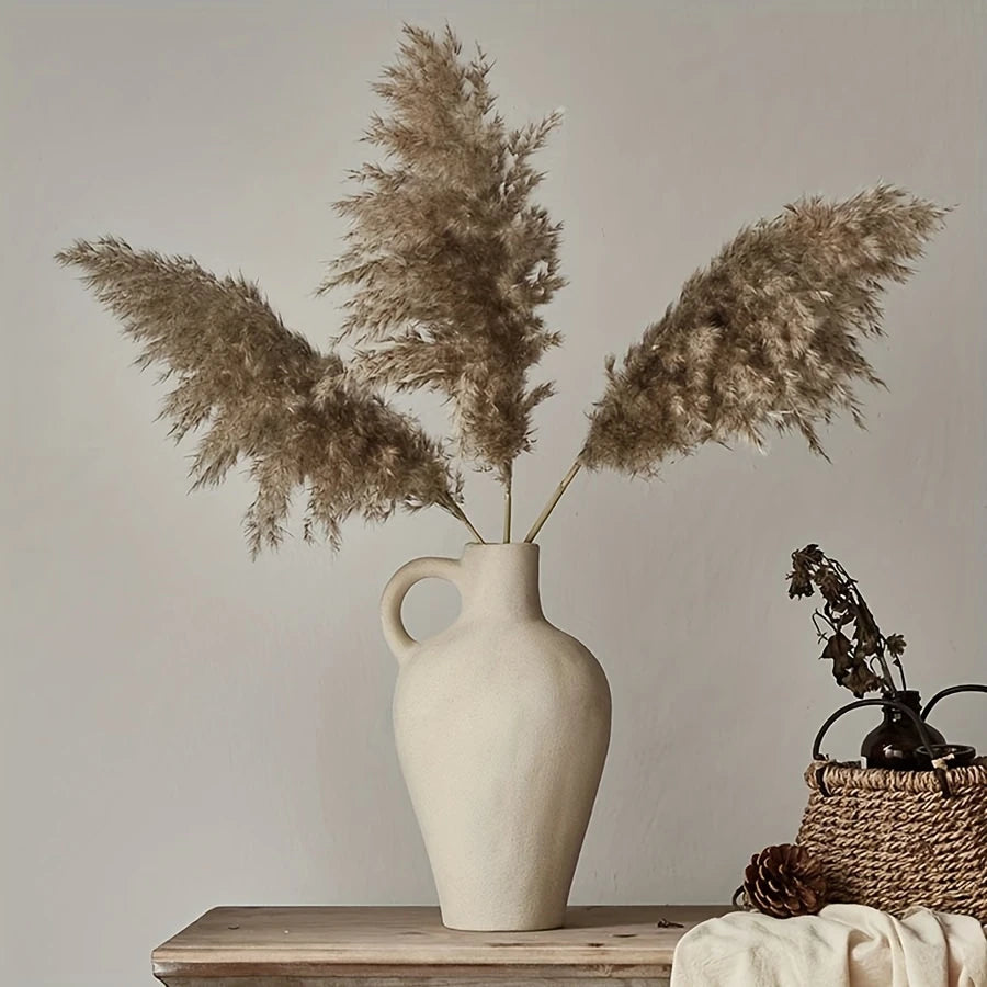 Nature-Inspired, Bohemian Ceramic Vase with Handle - Rustic Farmhouse Decor for Minimalist White Home Accent