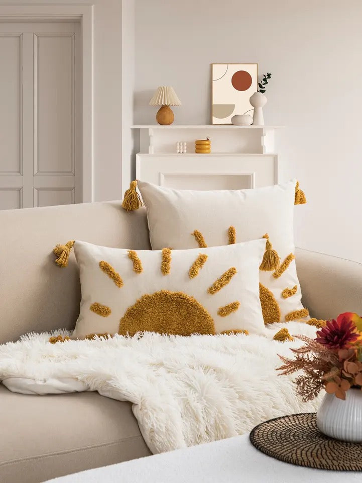 A yellow sun pattern pillowcase cover made of Bohemian cotton sail fabric