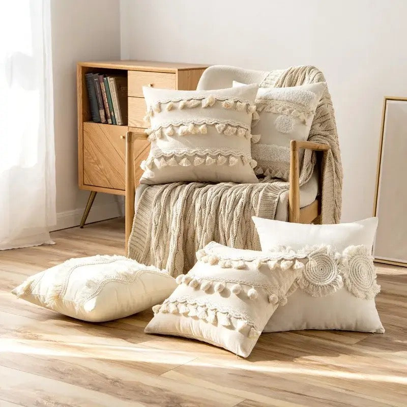 Nordic Style Cushion Cover with Lace Ball Tassel Decorative Throw Pillow