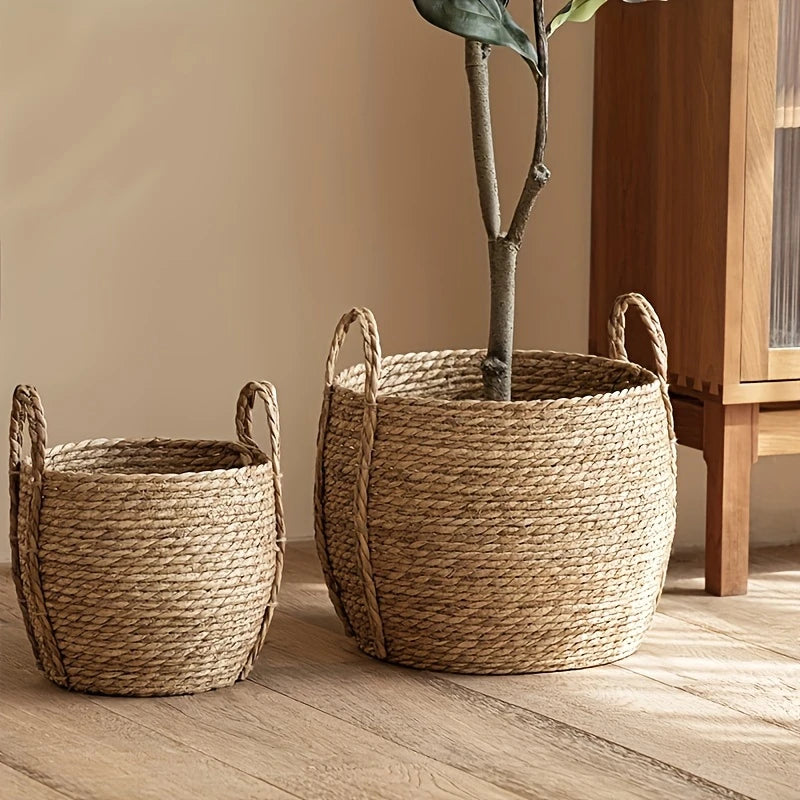 Large Round Durable Handwoven Seagrass Planter - Boho Chic Flower Basket