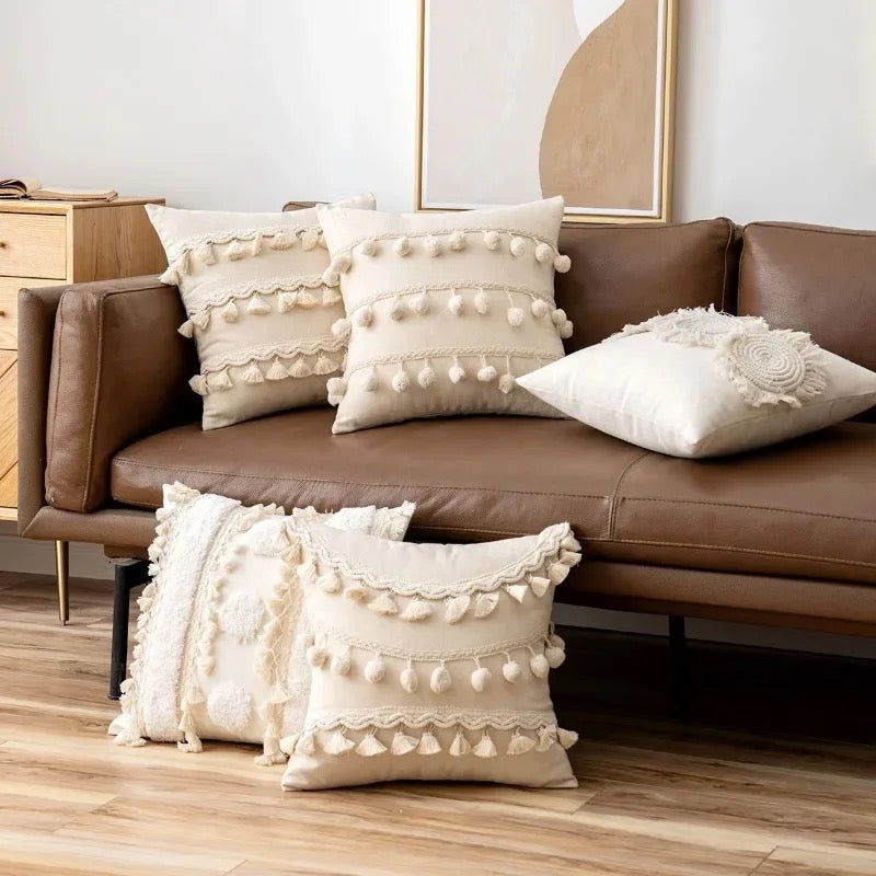 Nordic Style Cushion Cover with Lace Ball Tassel Decorative Throw Pillow