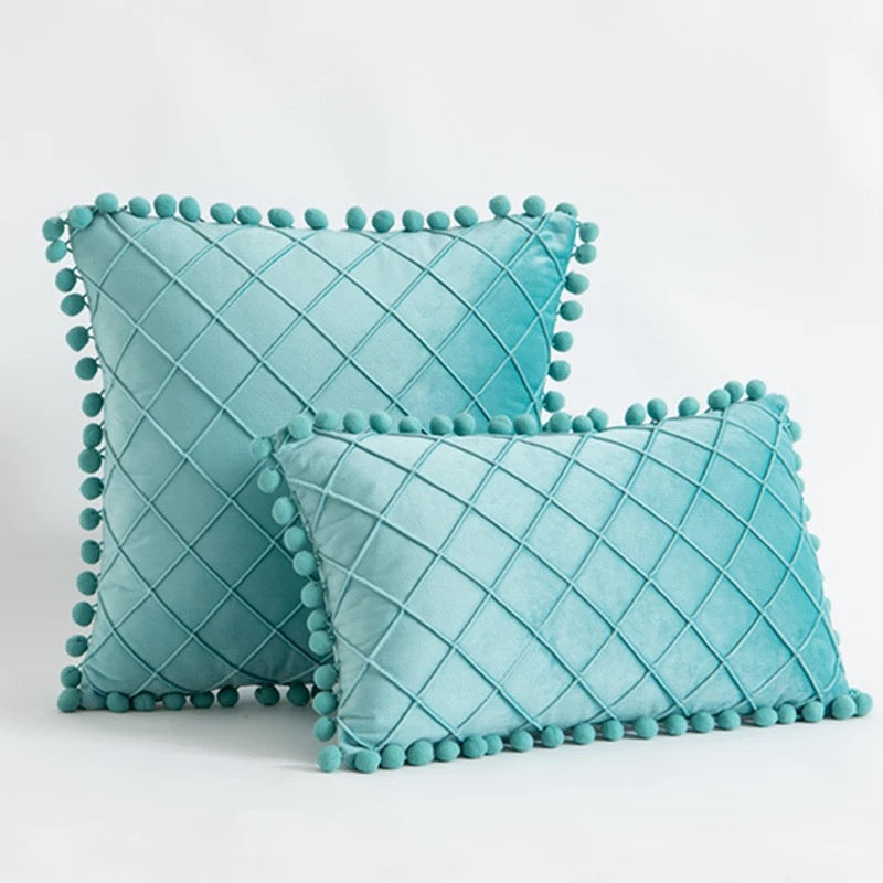 Velvet Waist Throw Pillow with Pompom Solid Color Decorative Cushio Pillow