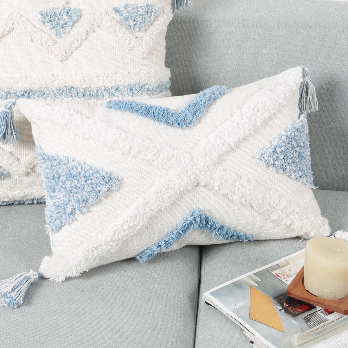 1Pc Blue Geometric Pattern Tufted Throw Pillow Covers,