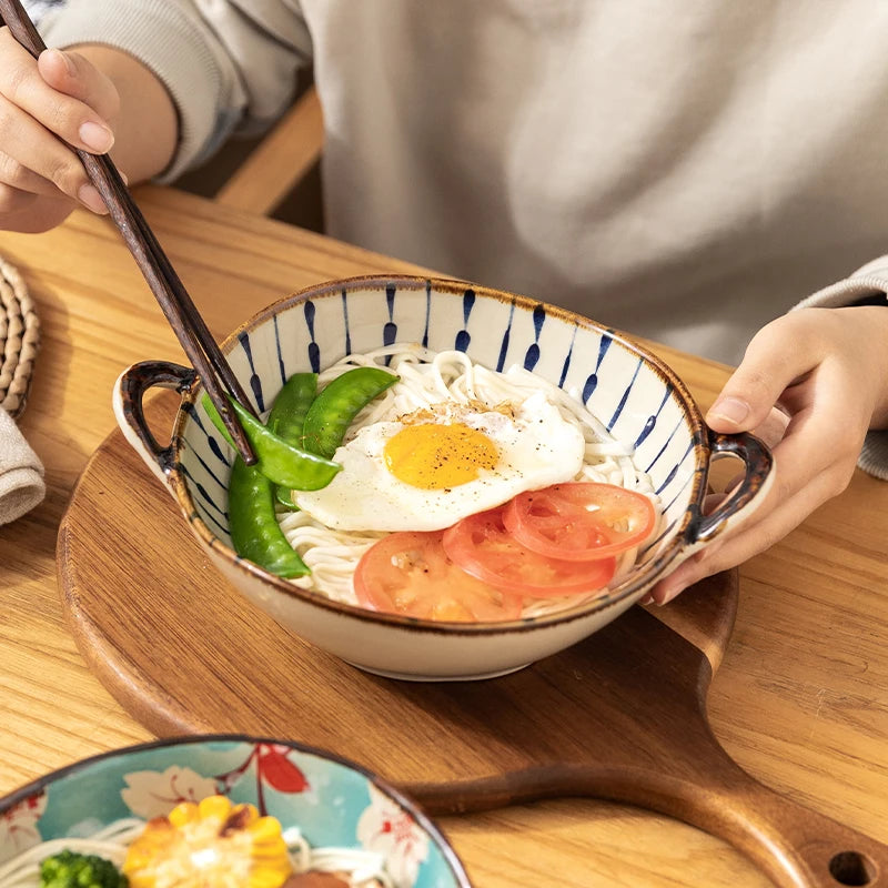 7.5inch Japanese Household Noodle Bowl Ceramic Soup Bowl With Handle Salad Pasta Bowl Kitchen Tableware Microwave Oven Bakwar