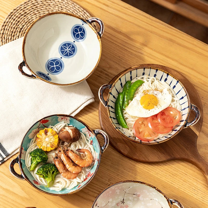 7.5inch Japanese Household Noodle Bowl Ceramic Soup Bowl With Handle Salad Pasta Bowl Kitchen Tableware Microwave Oven Bakwar