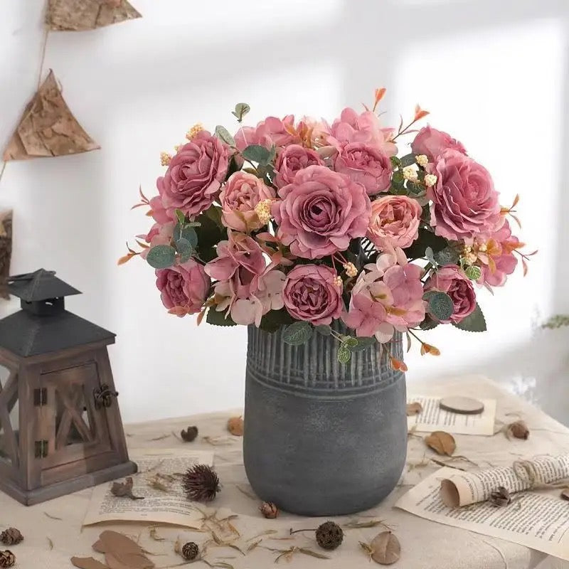 Retro Silk Rose Bouquet Hydrangea Peony Vintage Bride Holding Fake Plants