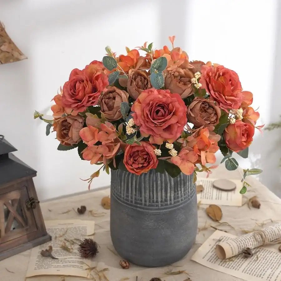 Retro Silk Rose Bouquet Hydrangea Peony Vintage Bride Holding Fake Plants
