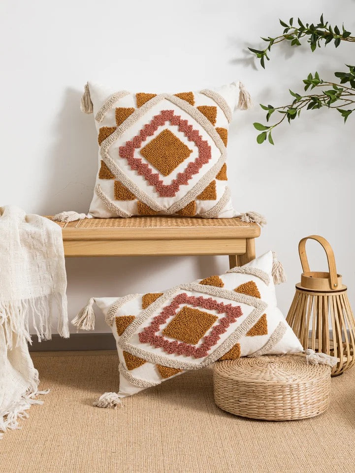 A multi-color geometric combination pillow cover with bohemian style loop velvet technology for living room