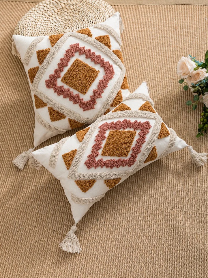 A multi-color geometric combination pillow cover with bohemian style loop velvet technology for living room