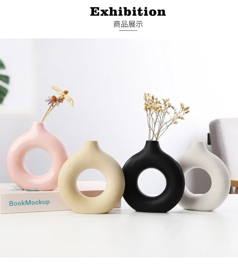 White Ceramic Vase Circular Hollow Donuts Flower Pot
