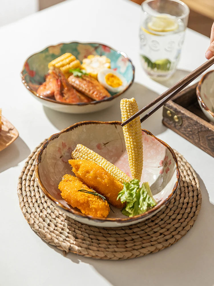 7.5inch Japanese Household Noodle Bowl Ceramic Soup Bowl With Handle Salad Pasta Bowl Kitchen Tableware Microwave Oven Bakwar