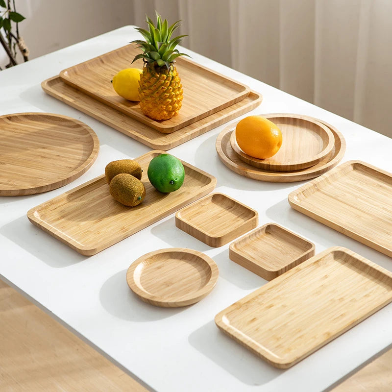 Round Rectangular Bamboo Tea Tray Kitchen Storage Serving Trays Home Hotel Platter Plate for Dessert Breakfast Coffee Food Tray