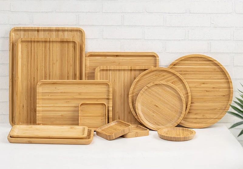 Round Rectangular Bamboo Tea Tray Kitchen Storage Serving Trays Home Hotel Platter Plate for Dessert Breakfast Coffee Food Tray
