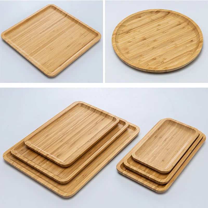 Round Rectangular Bamboo Tea Tray Kitchen Storage Serving Trays Home Hotel Platter Plate for Dessert Breakfast Coffee Food Tray