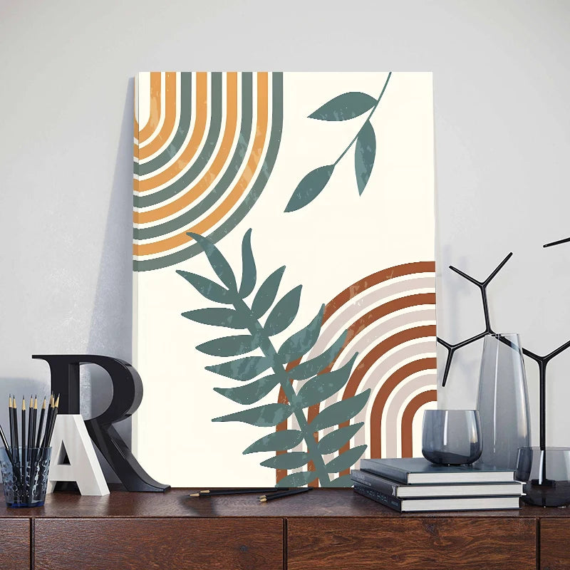 Abstract Boho Posters Leaf Sun Rainbow Landscape Wall Art Canvas Painting Living Room Interior Decor Prints Pictures With Framed