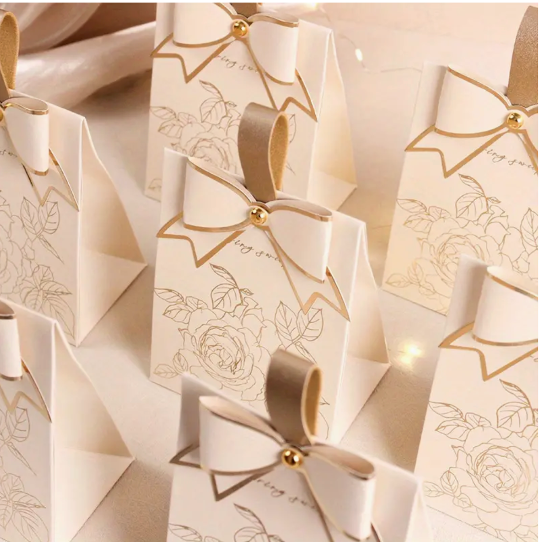 Event Decor Gift Packs - Elegant Floral Embossed Paper Favor Boxes with Golden Bow, Durable Wedding Party Gift Bags with Handles