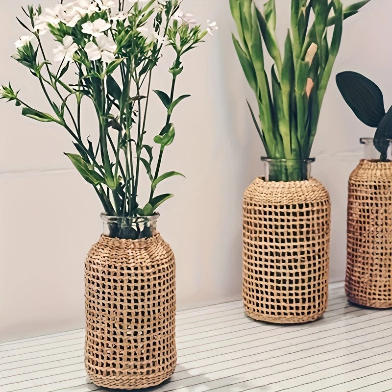 Bohemian Glass Vase with Rattan Lid for Farmhouse Round Decorative Vase