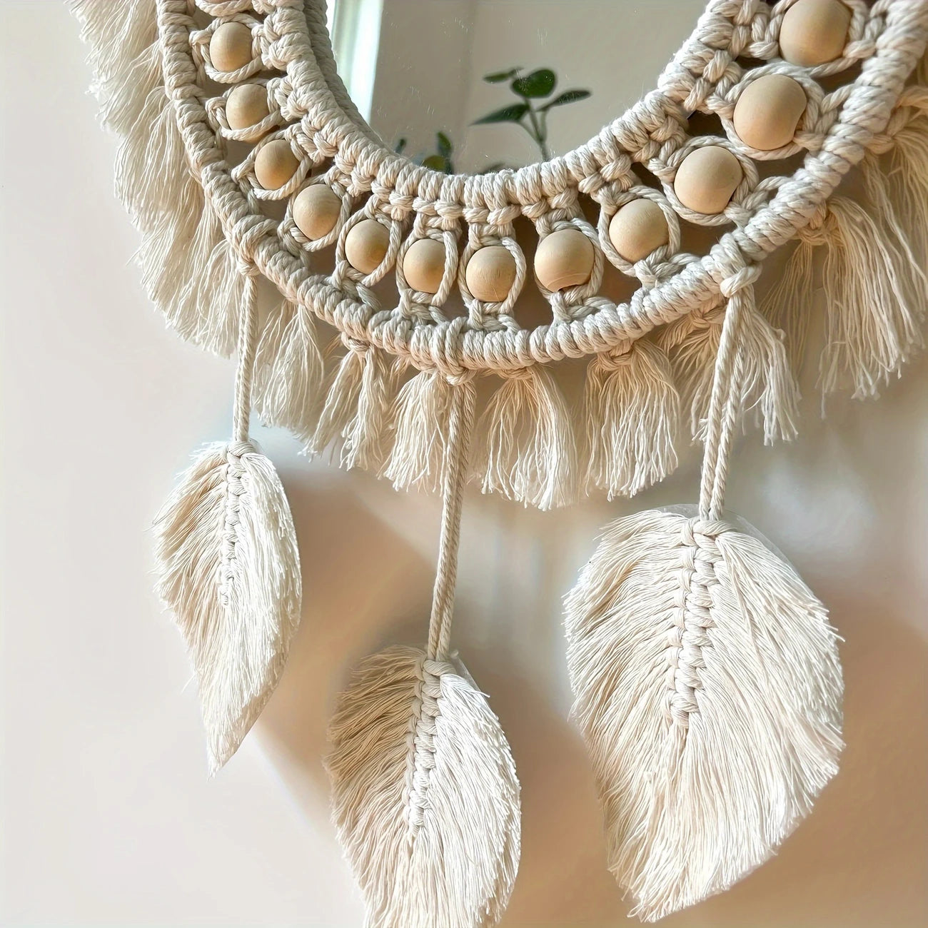 Bohemian Handmade Wall Mirrors with Wooden Beads & Leaf Tassels – Oval Glass Decorative Mirrors