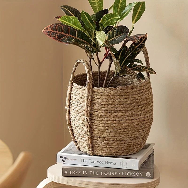 Large Round Durable Handwoven Seagrass Planter - Boho Chic Flower Basket
