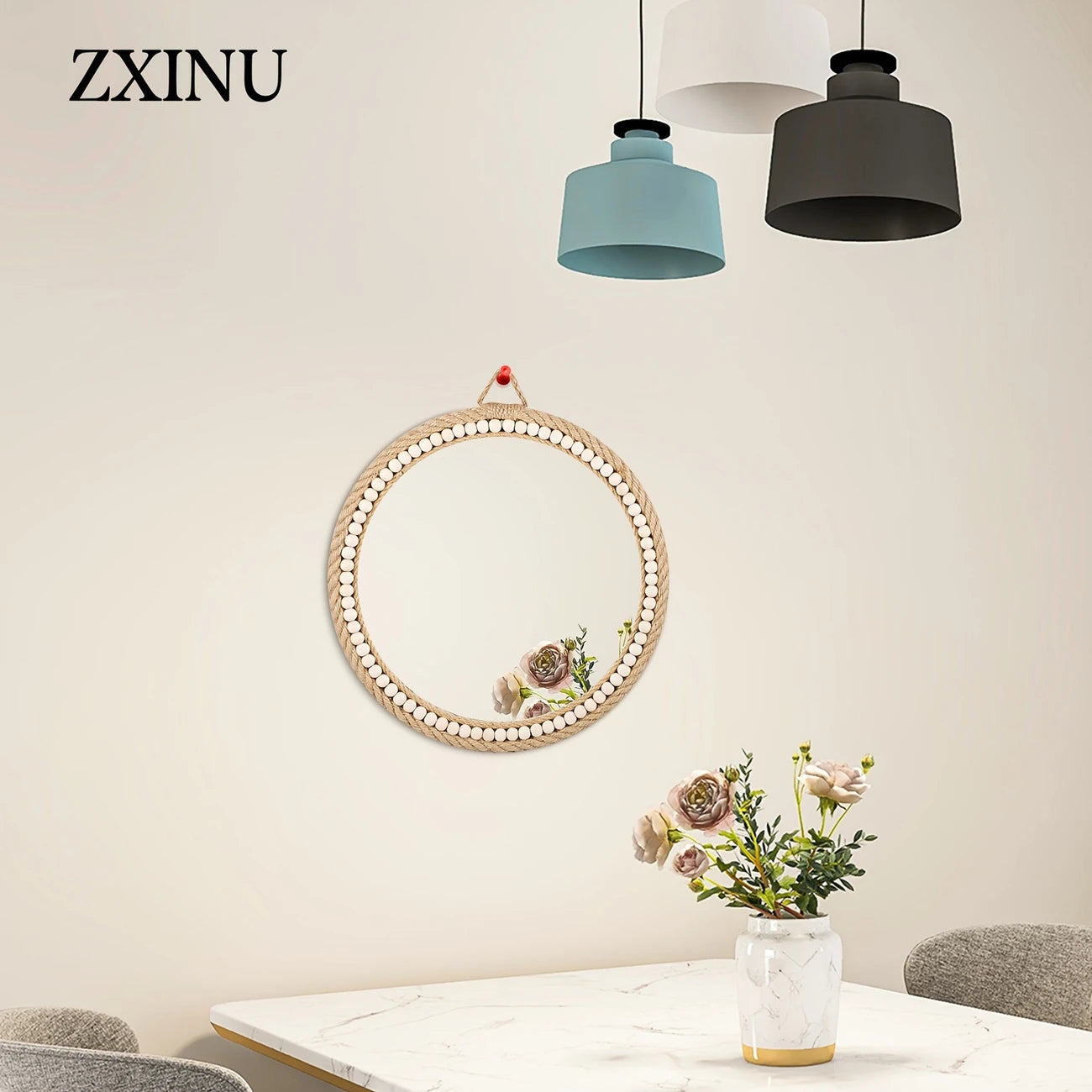 Boho-Chic Round Wooden Frame Mirror with Hemp Rope & Bead Accents