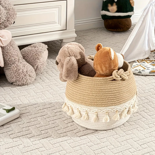 Multiuse Opened Top Shelf Basket with Handles - Boho Fabric Storage Basket with Tassels - Soft Touch Texture for Home Organization, Perfect for Bedroom, Living Room, Bathroom, Dorm, Office