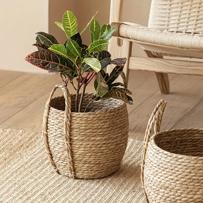 Large Round Durable Handwoven Seagrass Planter - Boho Chic Flower Basket