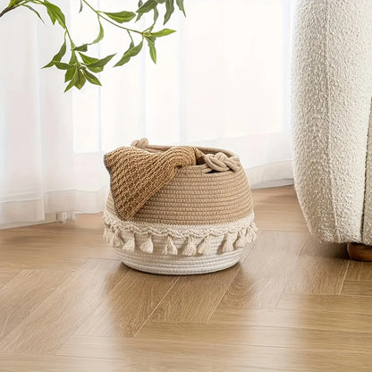 Multiuse Opened Top Shelf Basket with Handles - Boho Fabric Storage Basket with Tassels - Soft Touch Texture for Home Organization, Perfect for Bedroom, Living Room, Bathroom, Dorm, Office