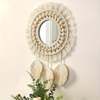 Bohemian Handmade Wall Mirrors with Wooden Beads & Leaf Tassels – Oval Glass Decorative Mirrors