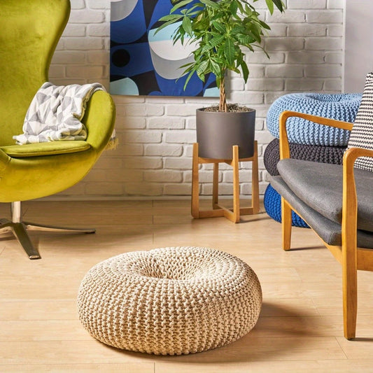 Knitted Cotton Donut Cushion Stool, Handmade Beige Donut - Shaped Knitted Futon,