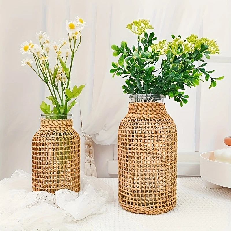 Bohemian Glass Vase with Rattan Lid for Farmhouse Round Decorative Vase