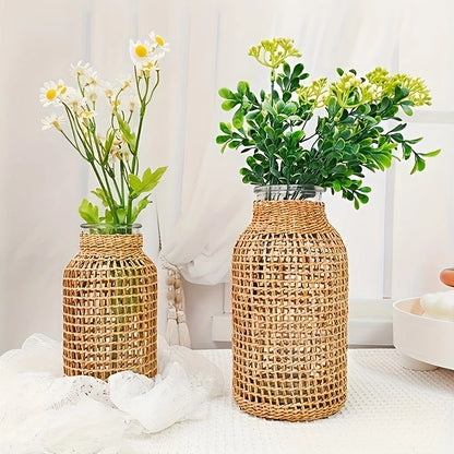 Bohemian Glass Vase with Rattan Lid for Farmhouse Round Decorative Vase