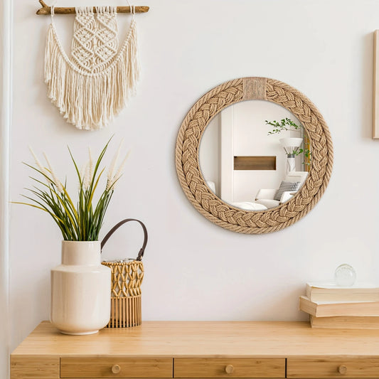 Round Wall Mirror with Woven Rope Frame in Bohemian Style for Vintage Design Boho Wall Decoration