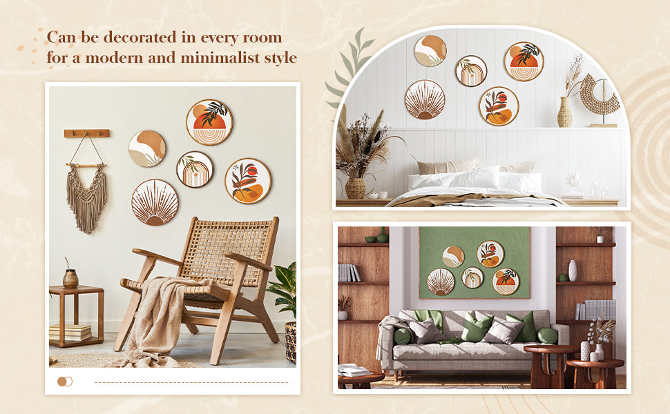 Round Wall Art Set Wooden Wall Hanging Decor with Hook Minimalist Wall Art Aesthetic Wall Wooden Hanging Decor for Bedroom