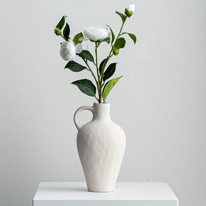 Nature-Inspired, Bohemian Ceramic Vase with Handle - Rustic Farmhouse Decor for Minimalist White Home Accent