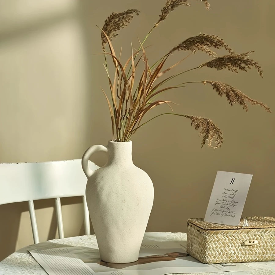 Nature-Inspired, Bohemian Ceramic Vase with Handle - Rustic Farmhouse Decor for Minimalist White Home Accent