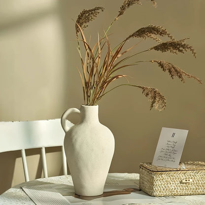 Nature-Inspired, Bohemian Ceramic Vase with Handle - Rustic Farmhouse Decor for Minimalist White Home Accent